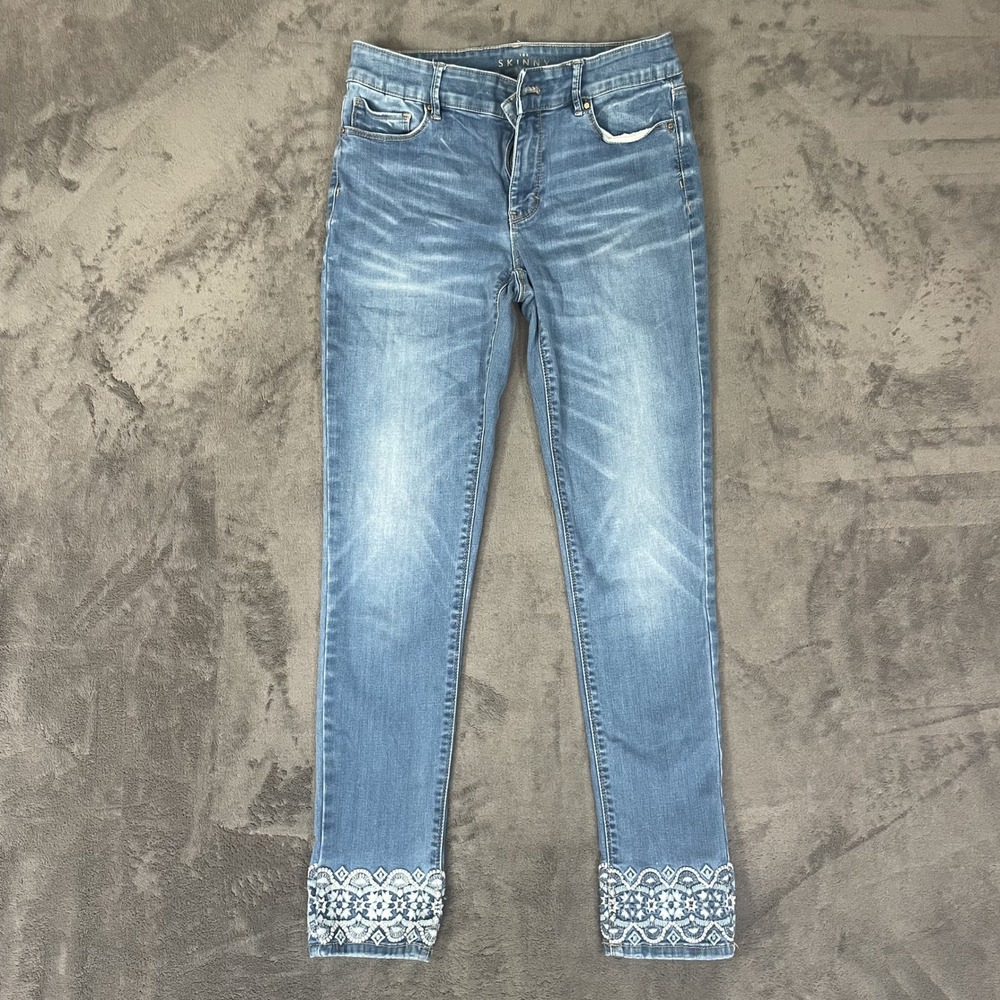 White House‎ Black Market The Skinny Jeans 6 Blue Lace Embroidered Hem Denim